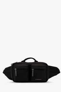 Black Givenchy men’s essential nylon belt bag with two front zippered pockets and top handle for easy carrying
