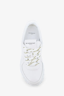 Givenchy men’s glide runner leather sneakers in white with subtle green thread accents on the laces