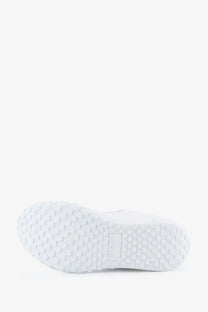 White rubber sole with textured hexagonal tread and rectangular label on givenchy men’s glide runner leather sneakers white back side