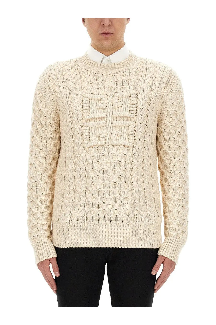 Givenchy men’s cream-colored cable-knit sweater with textured raised logo on chest in soft jersey fabric