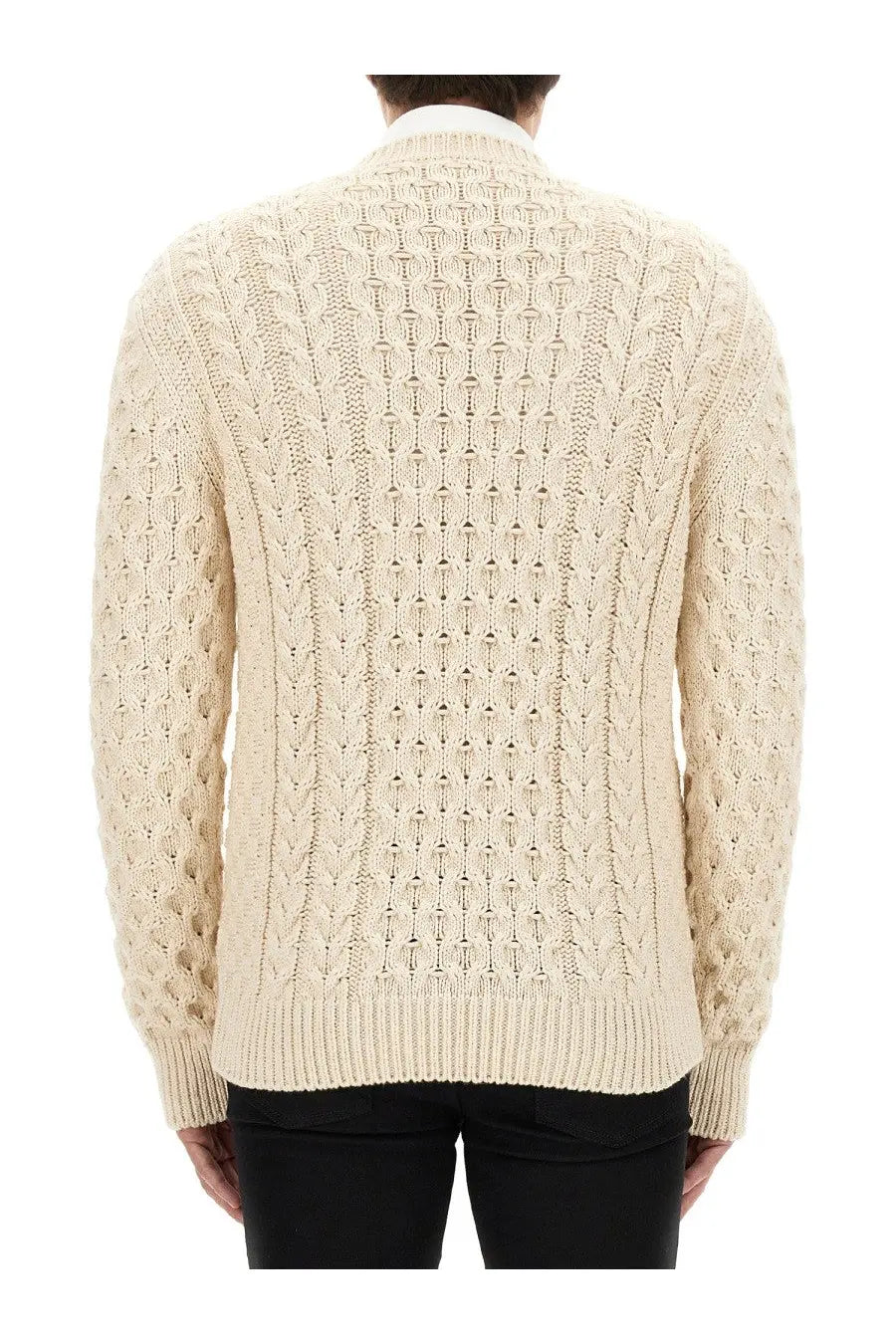 Cream-colored cable-knit sweater with textured pattern and ribbed cuffs from givenchy men’s jersey beige collection