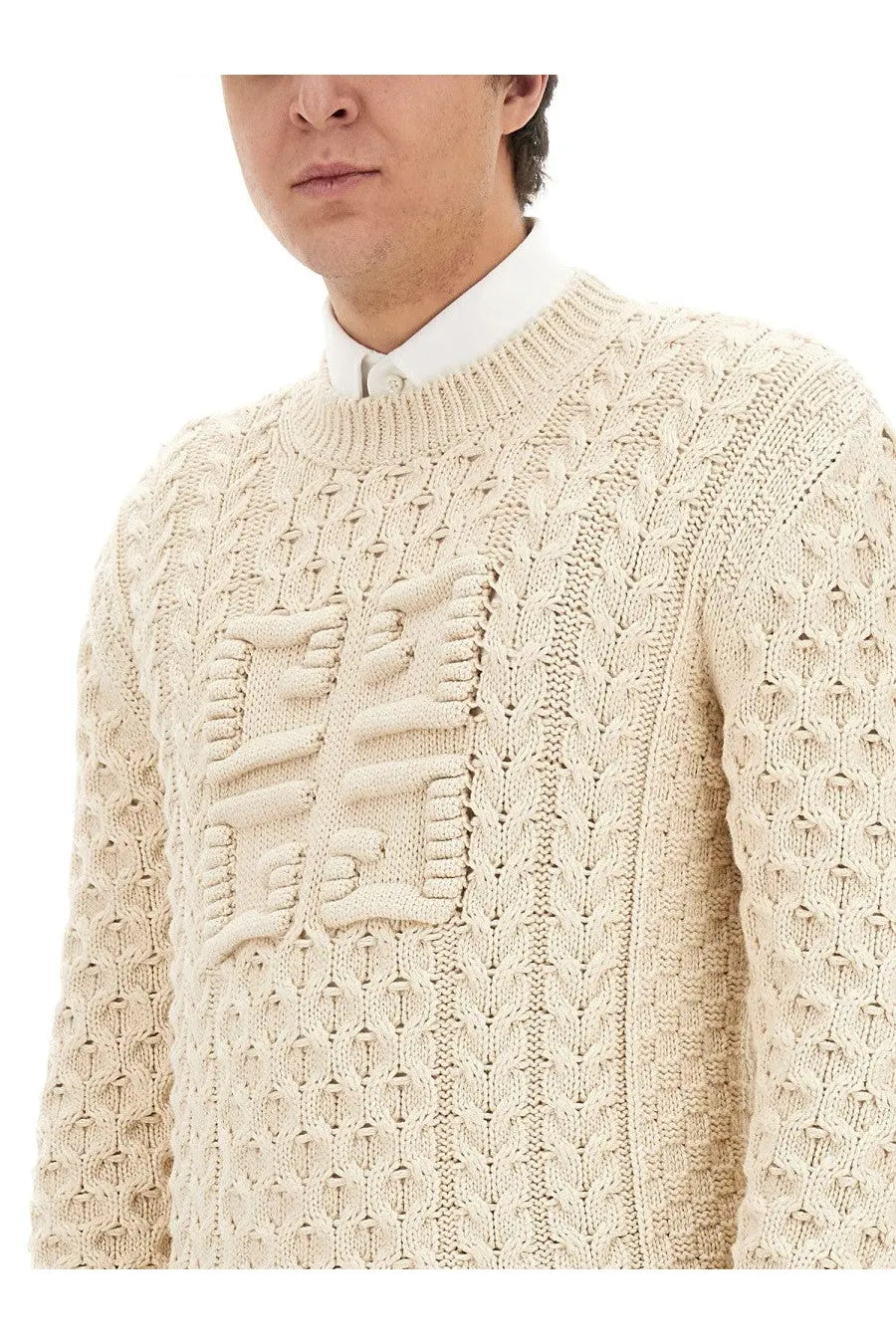 Givenchy men’s jersey beige cream cable-knit sweater with textured pattern and decorative chest patch