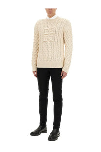 Givenchy men’s cream-colored cable-knit sweater with textured raised logo detail on the chest in beige jersey