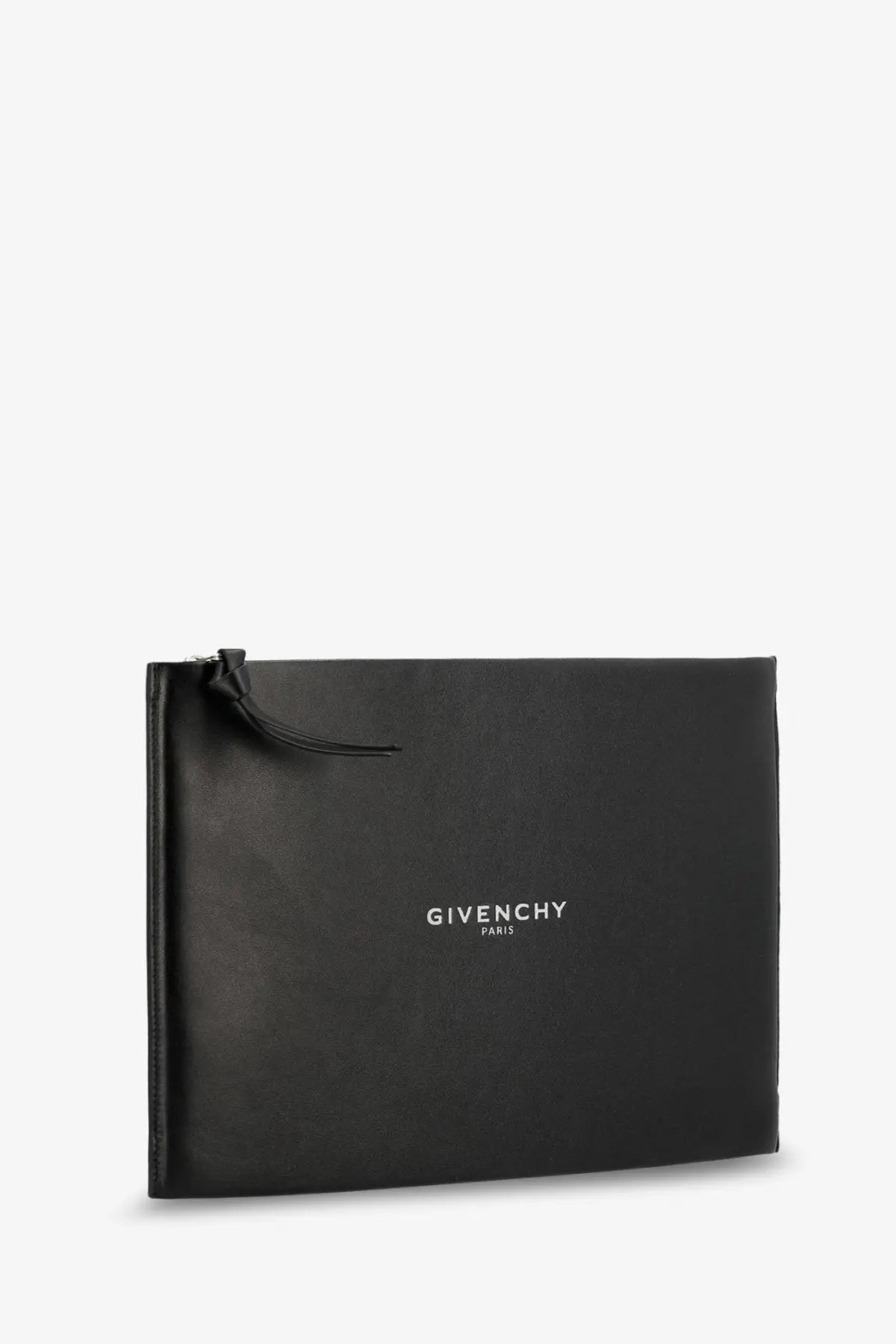 Givenchy men’s black leather clutch bag with minimalist design and subtle white logo front detail