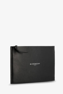 Givenchy men’s black leather clutch bag with minimalist design and subtle white logo front detail