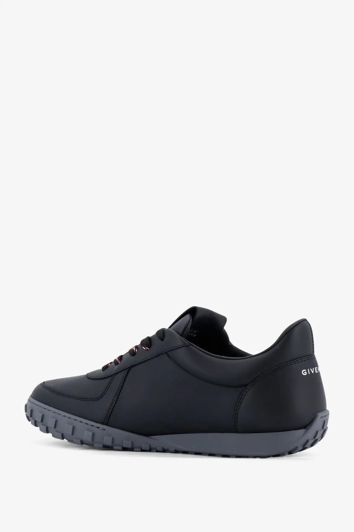 Black givenchy men’s leather sneaker with sleek minimalist design and subtle branding on the heel shown from back