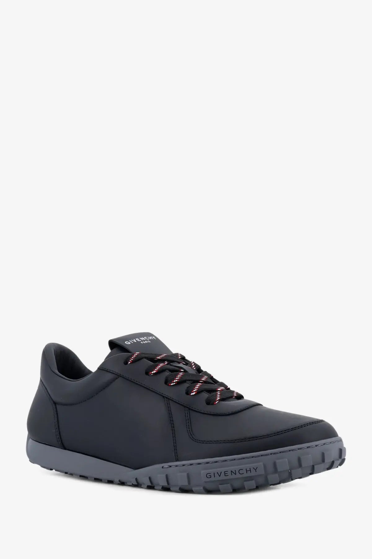 Givenchy men’s leather sneakers black with sleek leather upper and subtle red and white striped laces
