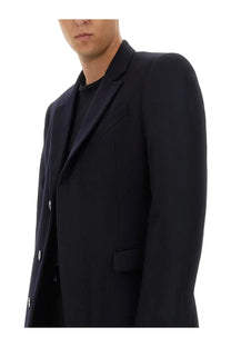 Black tailored blazer with notched lapels and silver buttons featured in Givenchy men’s long coat blue product image