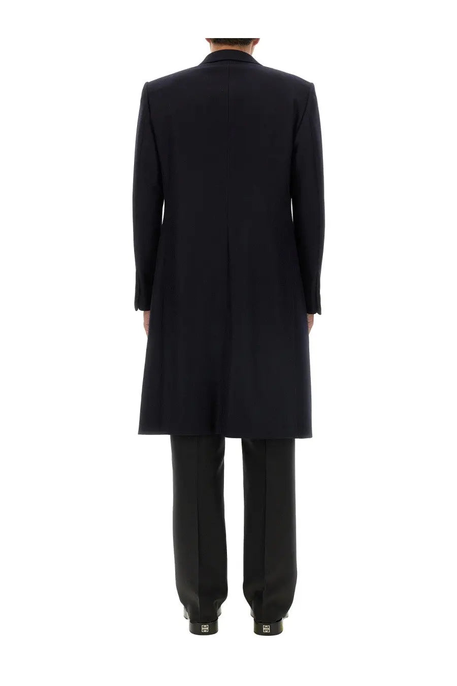 Givenchy men’s long blue coat with a black tailored overcoat featuring a classic double-breasted design and notched lapels