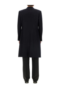 Givenchy men’s long blue coat with a black tailored overcoat featuring a classic double-breasted design and notched lapels