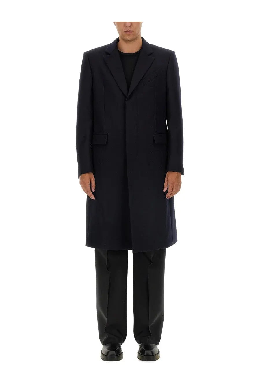 Givenchy men’s black wool overcoat with notched lapels and two front flap pockets for stylish outerwear