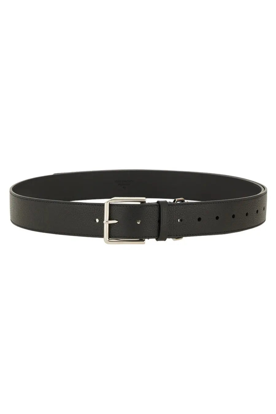 Givenchy men’s long black leather belt with silver toned buckle, featuring smooth leather and classic design