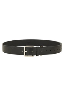 Givenchy men’s long black leather belt with silver toned buckle, featuring smooth leather and classic design