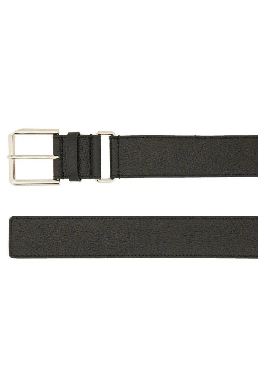 Givenchy men’s long black leather belt with a silver-toned rectangular buckle for formal or casual wear