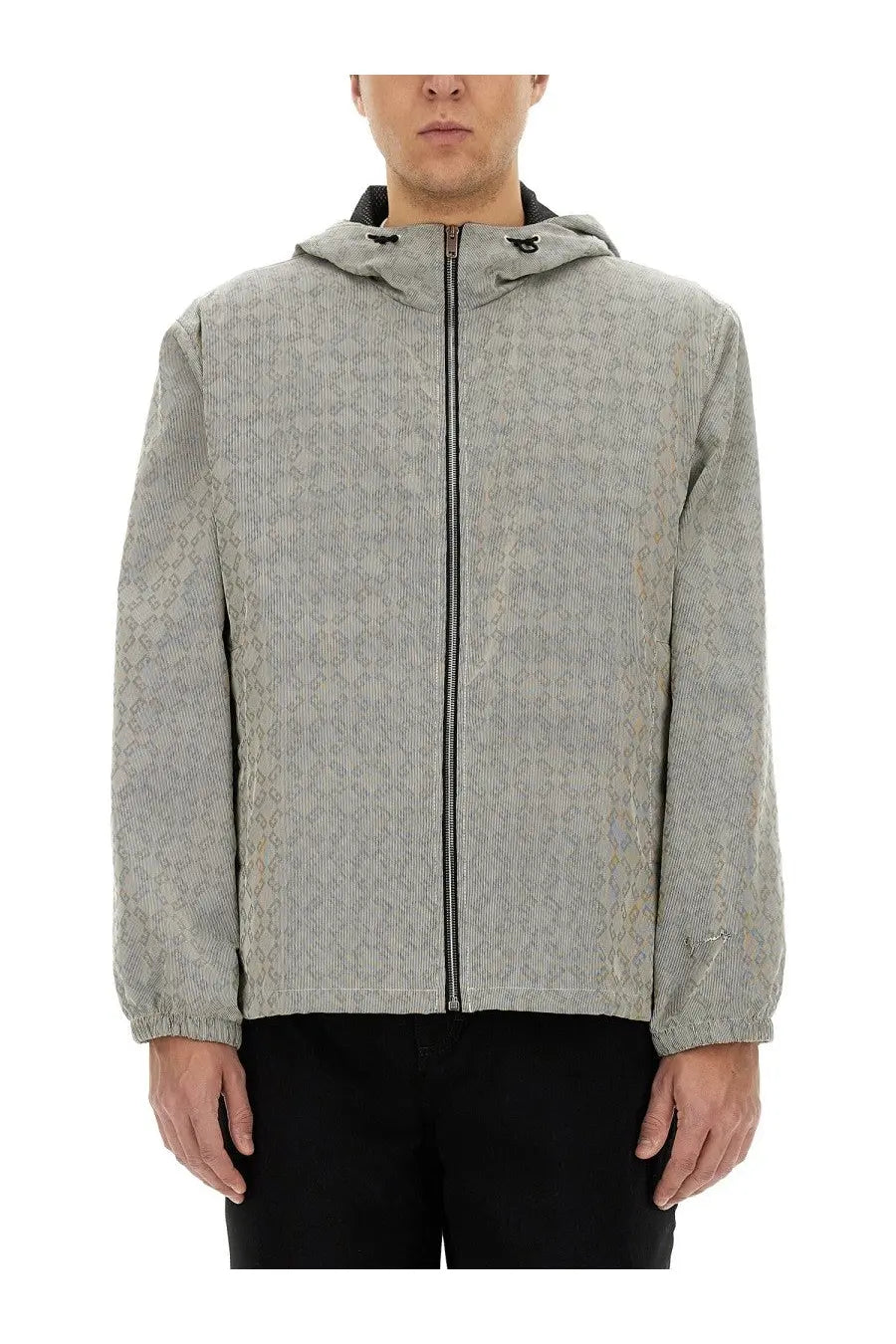 Givenchy men’s grey hooded anorak jacquard jacket with repeating monogram pattern and black zipper closure