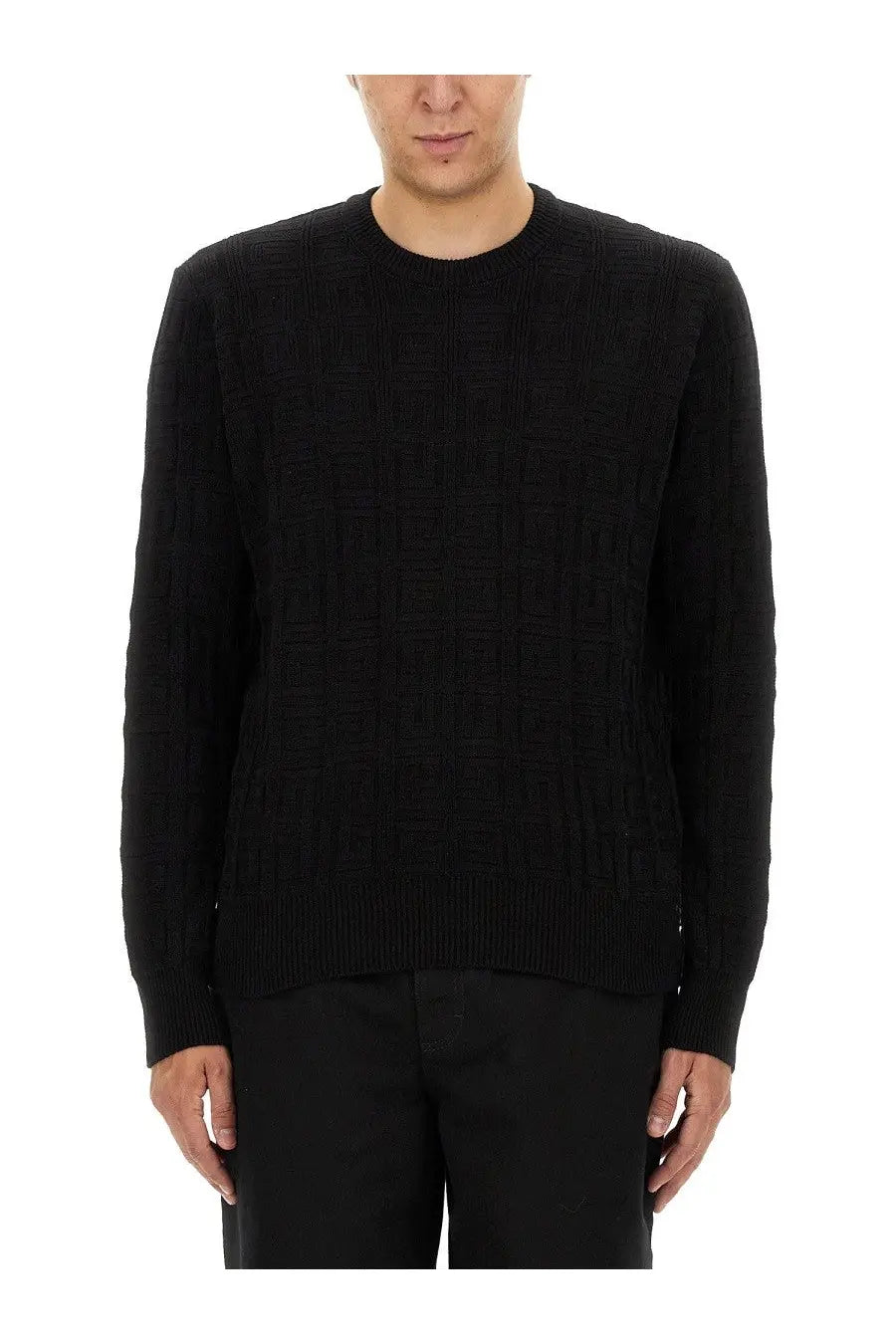Givenchy men’s regular fit black ribbed-knit sweater with textured geometric pattern on chest and sleeves
