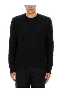 Givenchy men’s regular fit black ribbed-knit sweater with textured geometric pattern on chest and sleeves