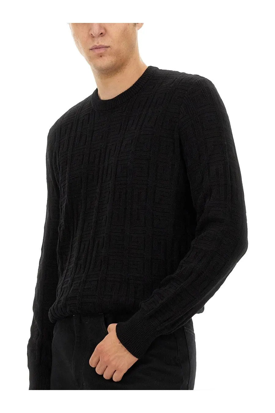 Givenchy men’s regular fit black shirt knit sweater with textured repeating geometric pattern on front