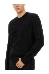 Givenchy men’s regular fit black shirt knit sweater with textured repeating geometric pattern on front