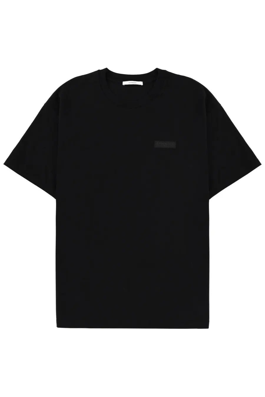 Givenchy men’s black short-sleeved t-shirt with minimalist design and subtle rectangular patch on the chest