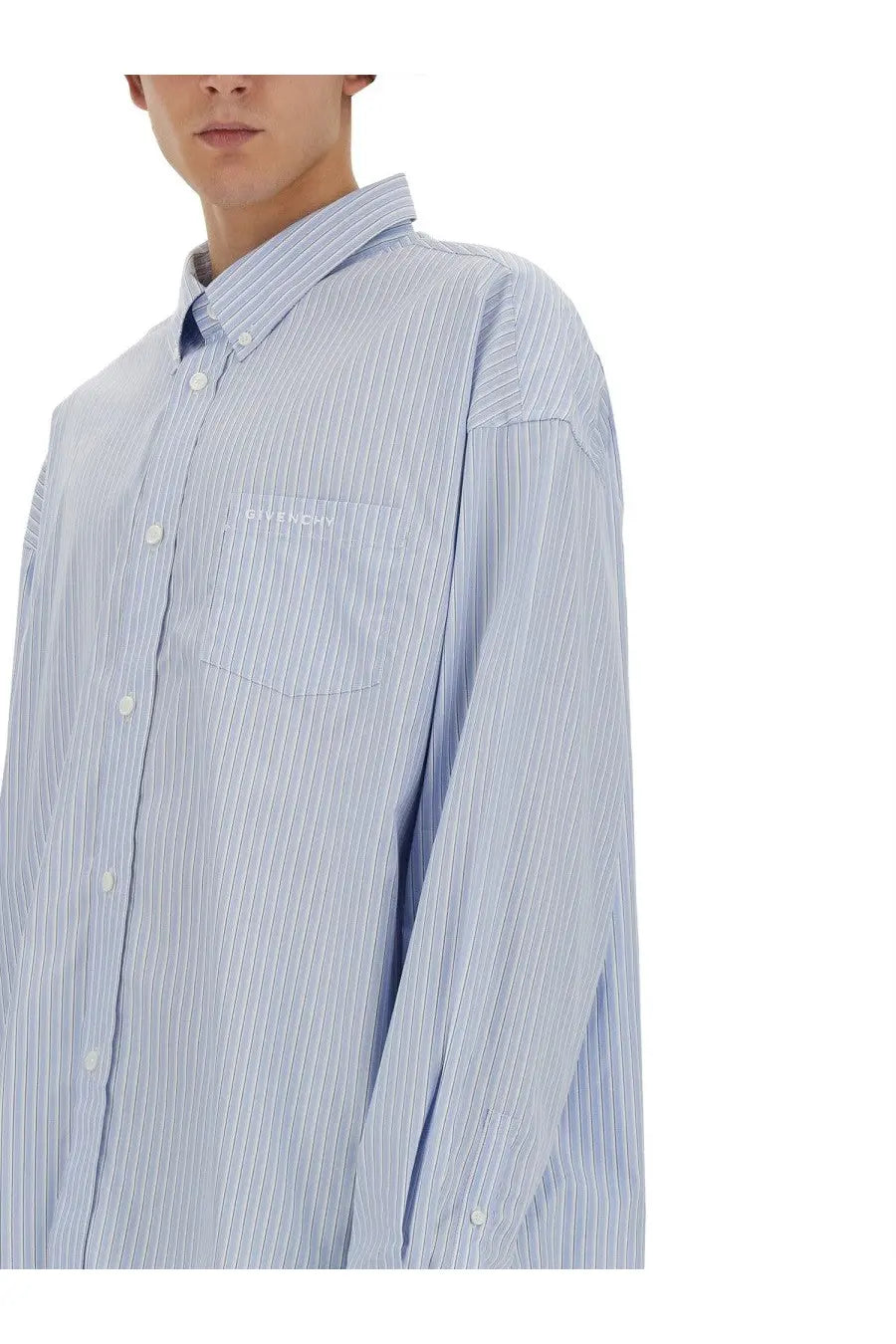 Givenchy men’s shirt blue light blue and white striped button-down with subtle embroidered logo on chest pocket