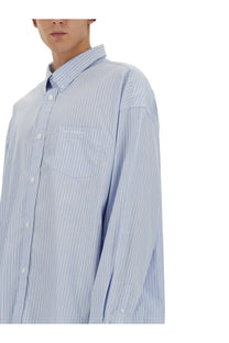 Givenchy men’s shirt blue light blue and white striped button-down with subtle embroidered logo on chest pocket