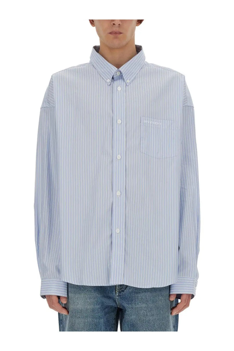 Givenchy men’s light blue and white striped button-down shirt with chest pocket and subtle embroidered logo
