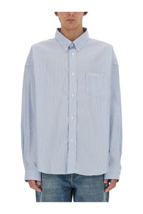 Givenchy men’s light blue and white striped button-down shirt with chest pocket and subtle embroidered logo