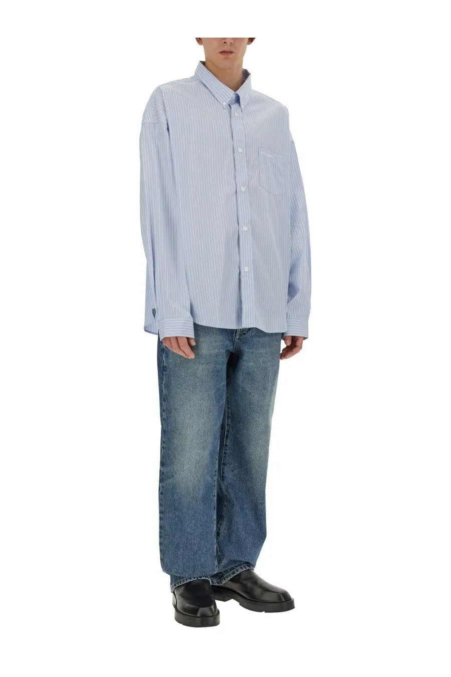 Givenchy men’s shirt blue light blue and white vertically striped button-up with classic collar long sleeves and chest pocket