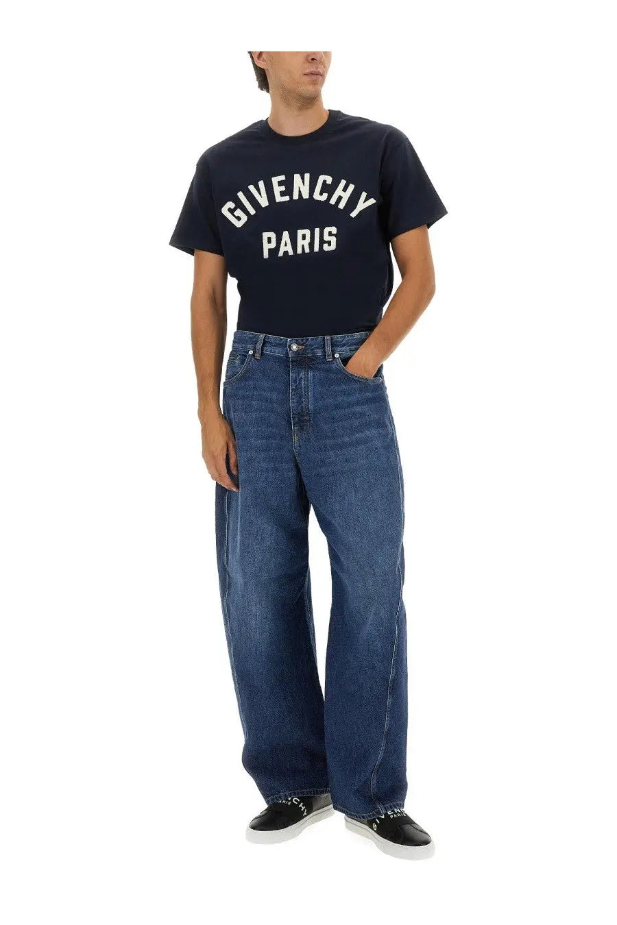 Navy blue Givenchy men’s t-shirt with white arched Paris logo lettering and short sleeves in cotton fabric