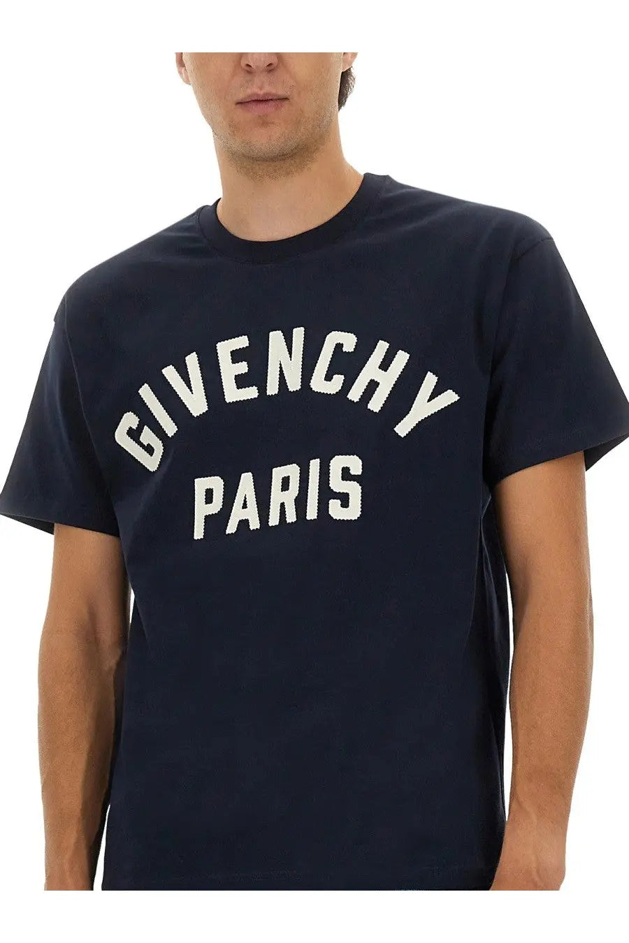 Navy blue Givenchy men’s shirt featuring white embroidered Paris logo lettering on cotton fabric