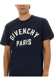 Navy blue Givenchy men’s shirt featuring white embroidered Paris logo lettering on cotton fabric