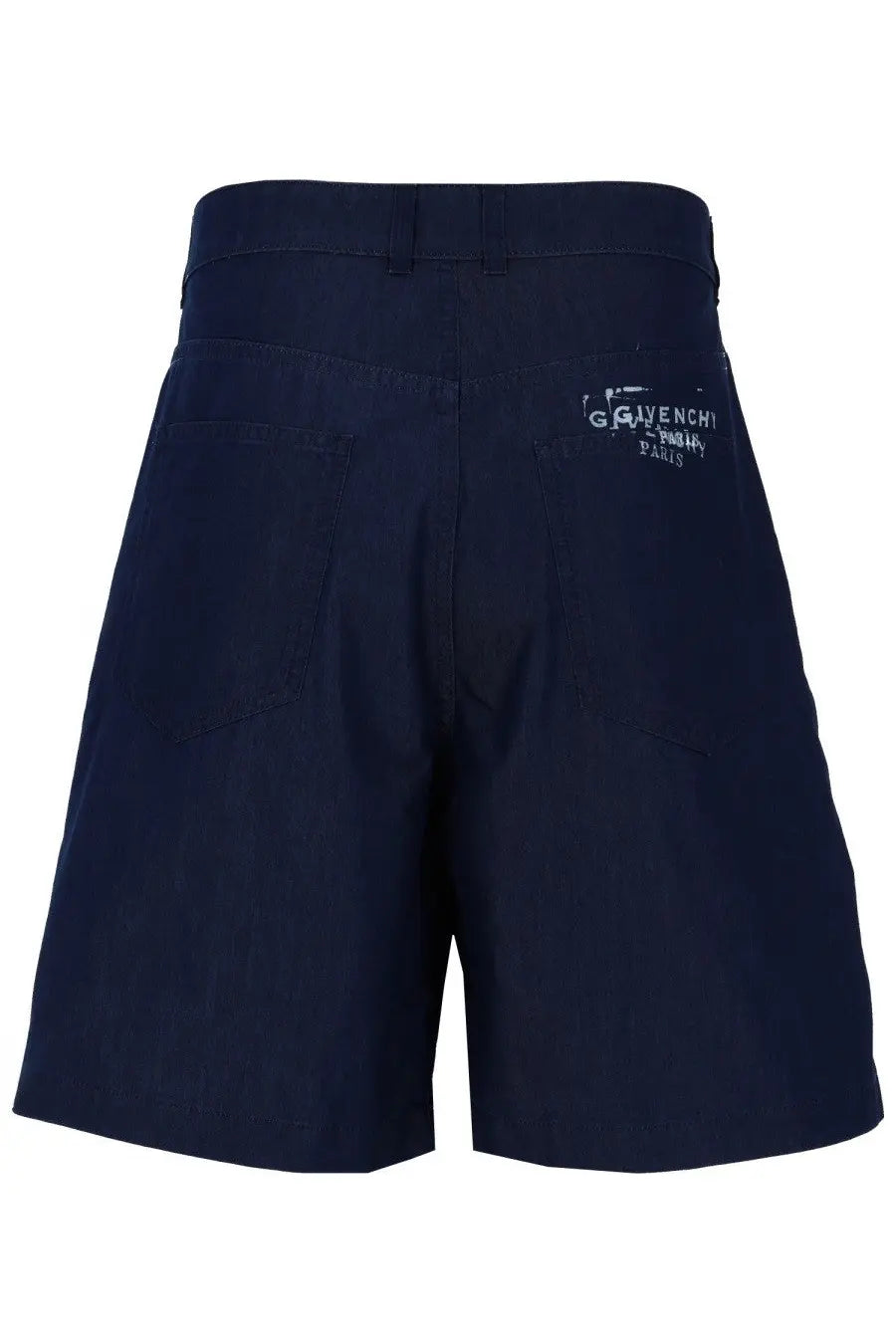 Dark navy givenchy paris men’s shorts con blue showing back side with subtle distressed logo on back pocket
