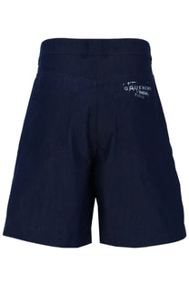 Dark navy givenchy paris men’s shorts con blue showing back side with subtle distressed logo on back pocket