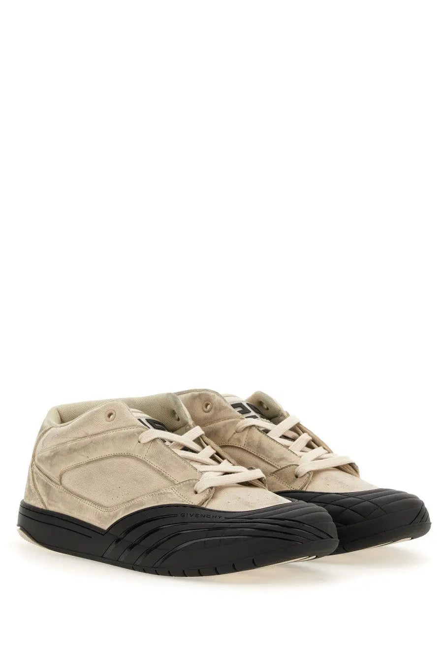Givenchy men’s skate sneaker white in beige suede with black rubber soles and laces high-top design