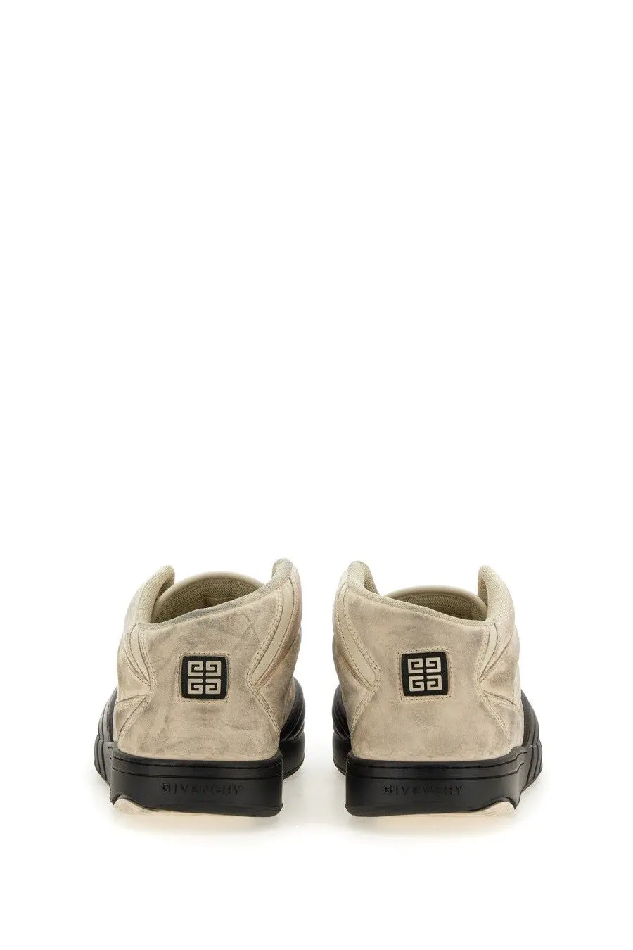 Beige suede givenchy men’s skate sneaker white with black rubber soles and logo patch on the back heel
