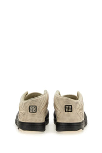 Beige suede givenchy men’s skate sneaker white with black rubber soles and logo patch on the back heel