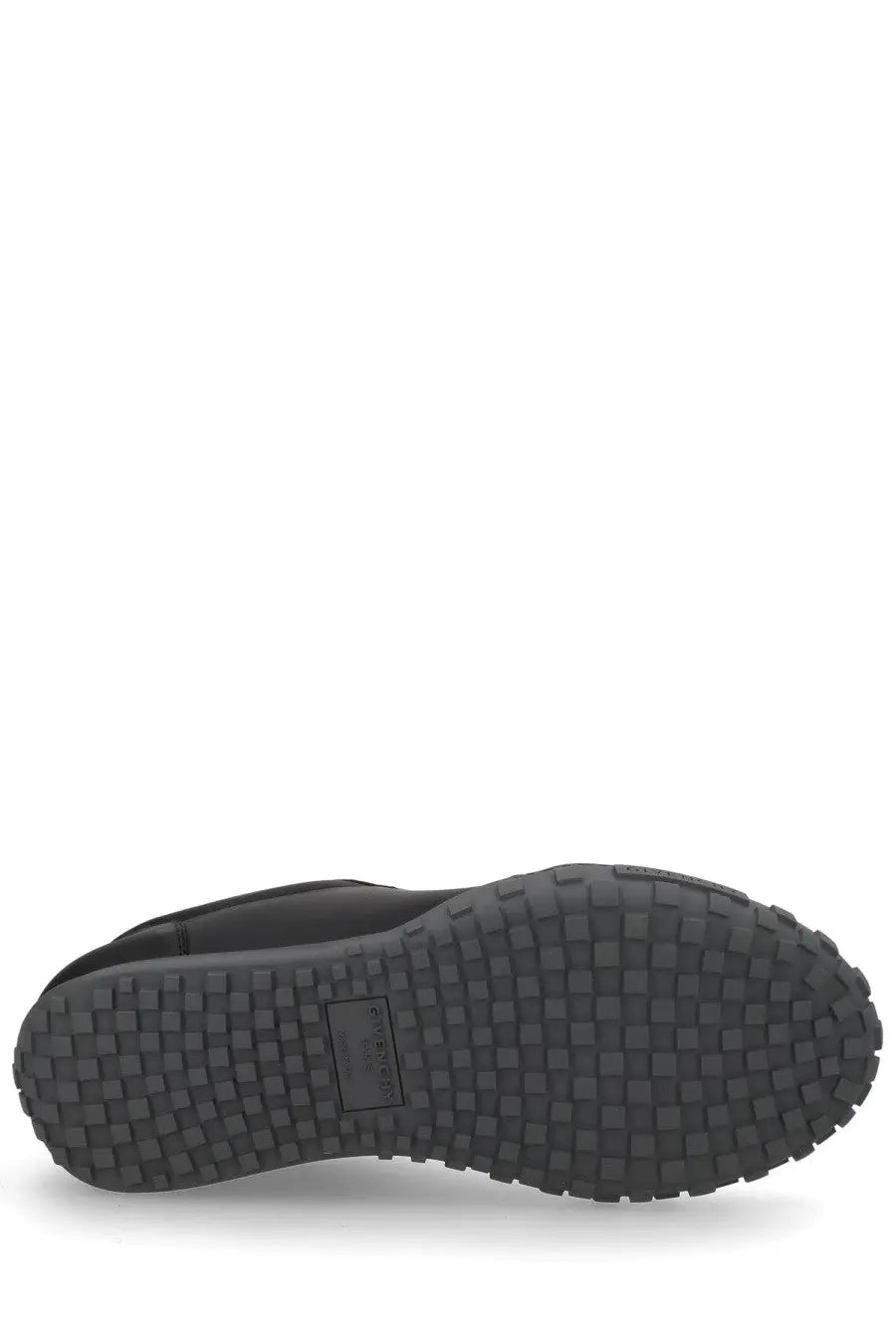 Black rubber sole with grid tread and rectangular label of givenchy men’s sneaker glide black shown from back side