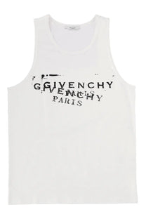 White Givenchy men’s tank top featuring a distressed black logo print on soft breathable fabric