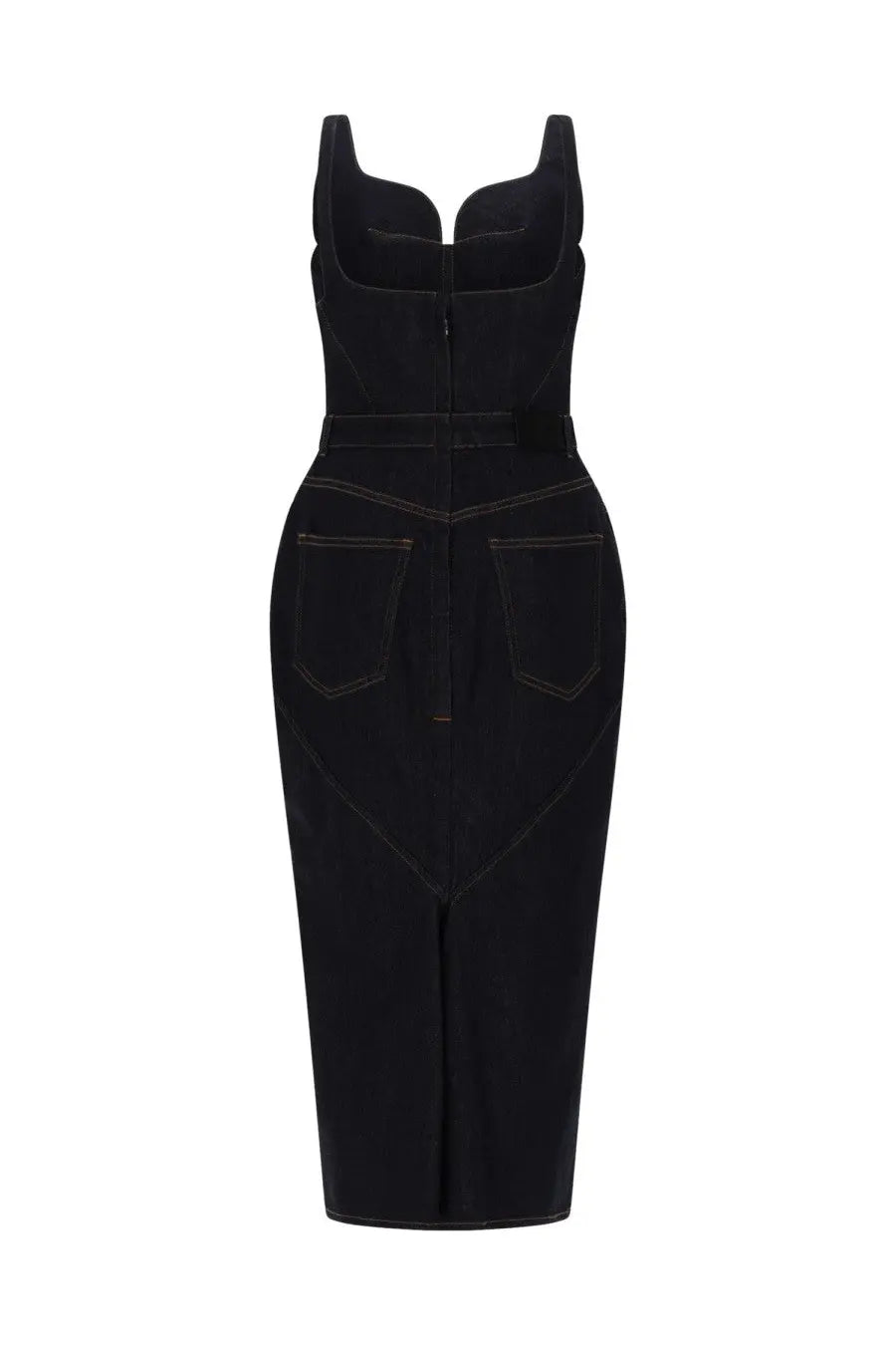 Givenchy women’s abito in denim grezzo blue black denim midi dress with corset-style bodice and back pockets back view