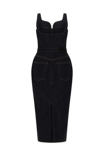Givenchy women’s abito in denim grezzo blue black denim midi dress with corset-style bodice and back pockets back view