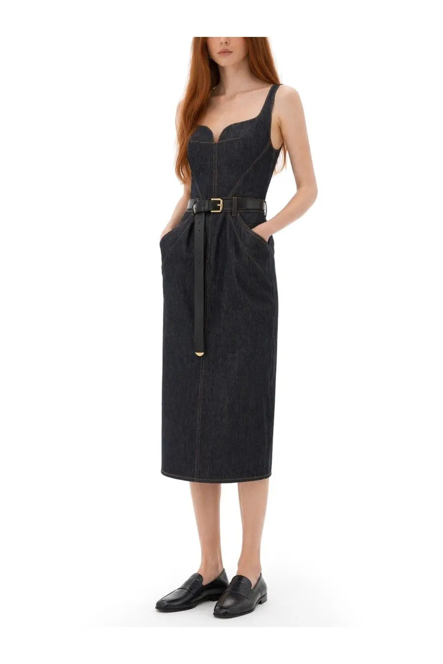 Givenchy women’s abito in denim grezzo blue black denim midi dress with fitted bodice adjustable belt and side pockets