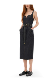 Givenchy women’s abito in denim grezzo blue black denim midi dress with fitted bodice adjustable belt and side pockets