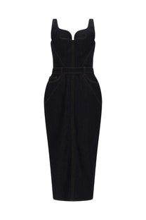 Givenchy women’s abito midi dress in denim grezzo blue with fitted bodice defined waistband and flared skirt