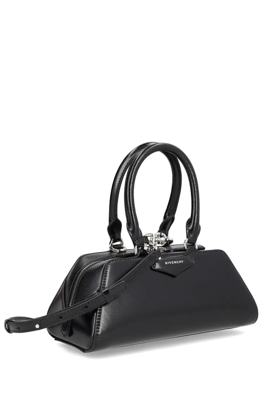 Givenchy women’s antigona east west mini bag black with sleek leather construction and silver toned hardware visible front side