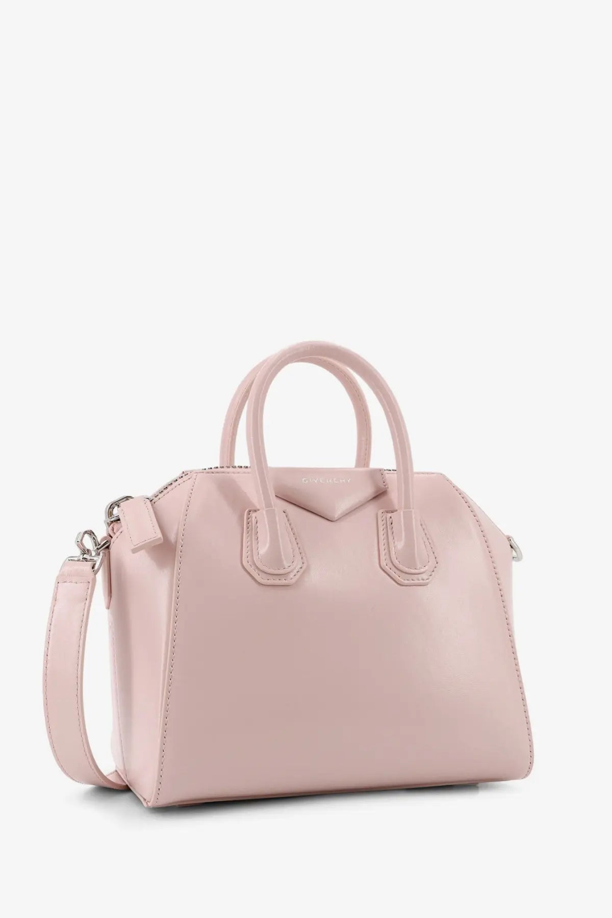 Givenchy women’s antigona mini leather shoulder bag in blush pink with smooth leather, structured handles, and detachable strap