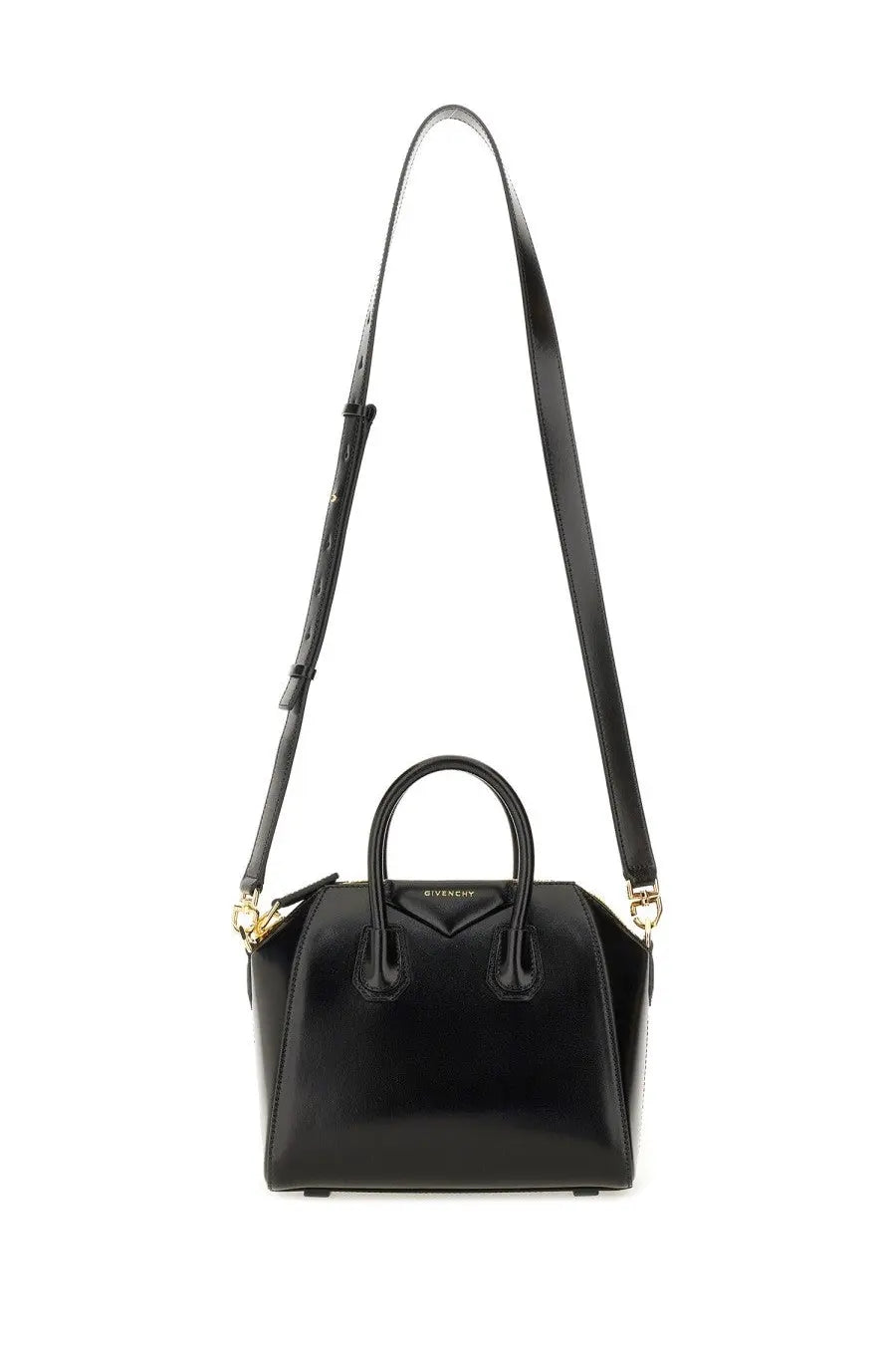 Givenchy women’s borsa antigona mini handbag in black glossy leather with gold tone hardware