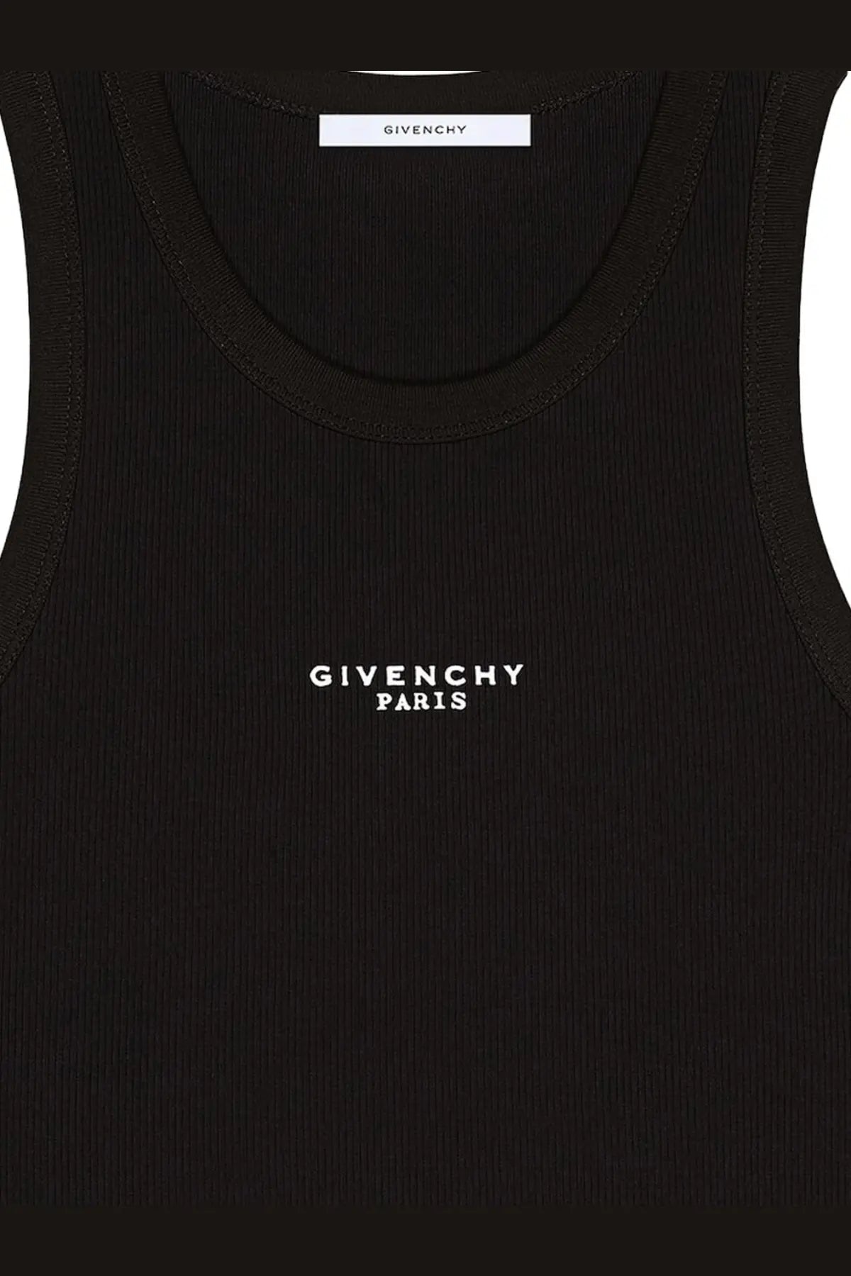 Black ribbed Givenchy women’s cotton blend tank top with white Givenchy Paris embroidery on the chest