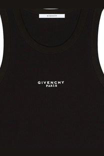 Black ribbed Givenchy women’s cotton blend tank top with white Givenchy Paris embroidery on the chest