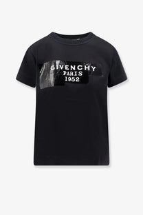 Givenchy women’s black cotton t-shirt featuring a bold distressed graphic print across the chest from Paris 1952 collection